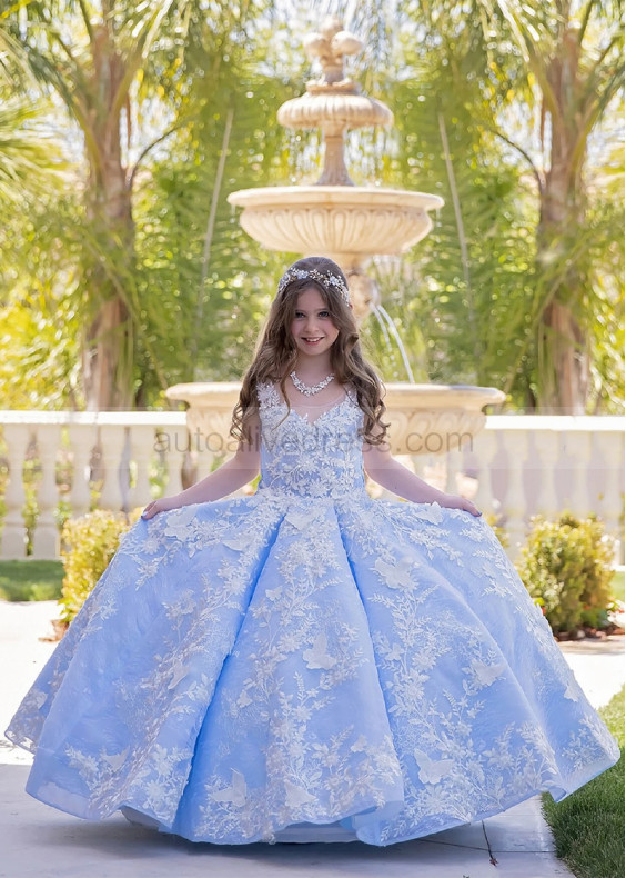 Sky Blue Beaded Lace Tulle 3D Buttterfly Fairytale Flower Girl Dress